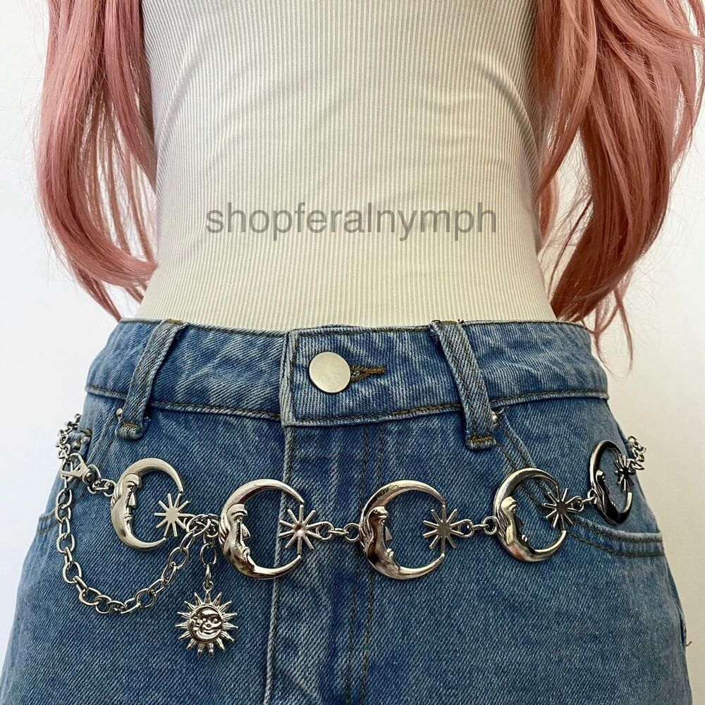 Silver Y2K Celestial Crescent Moon Star Chain Belt, Fits 12-39 Inches, X7GA1500